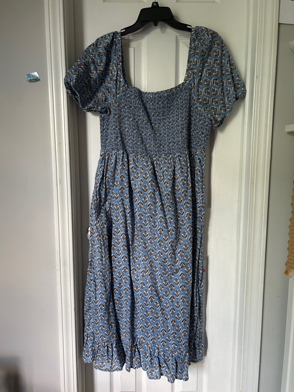 J. Crew Blue Floral Smocked Midi Dress with Puff Sleeves
